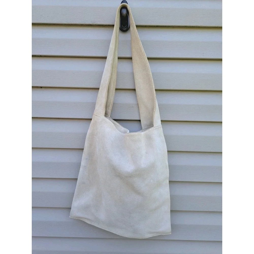 Tweeds Large Ivory Suede Leather Hobo Shoulder‎ Tote Bag Purse Vtg Cotton Lined